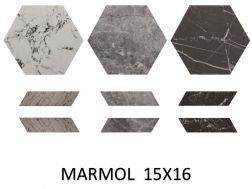 MARMOL 14x16 und 7x30 cm - Sechseckige und Chevron-Fliesen, Marmoreffekt