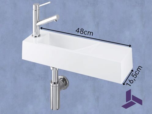Wandwaschbecken 48x16,5cm ultra-schmal, weies Harz, ohne berlauf | MUNICH 48 GAUCHE