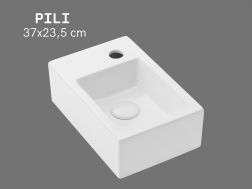 Handwaschbecken 37 cm Keramik Glänzend Weiß - Kompakt, Wandmontage oder Aufsatz PILI LINKS