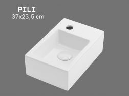 Handwaschbecken 37 cm Keramik Glänzend Weiß - Kompakt, Wandmontage oder Aufsatz PILI RECHTS