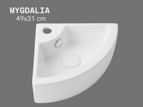 Eck-Handwaschbecken 49 cm Keramik Glänzend Weiß - Wandmontage oder Aufsatz MYGDALIA