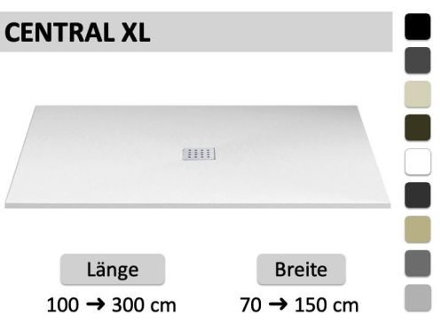 Maßgefertigte XXL-Duschwanne mit zentralem Ablauf und glatter Oberfläche – LEEDS CENTRAL XL