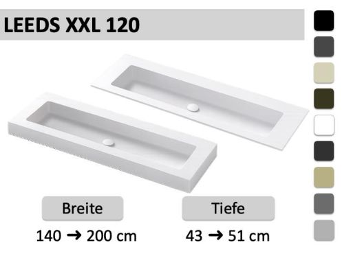 Doppelwaschbecken, Waschbecken 120 cm, Hänge- oder Einbautisch - LEEDS XXL 120